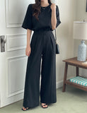 Washia Linen Short Sleeve T Blouse Wide Slacks Set