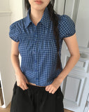 Rehue Check Shirring Banding Puff Short Sleeve Blouse