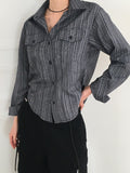 Sahi Vintage Stripe Pocket Roll Crop Long Sleeve Shirt