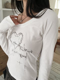 Tasha Heart Printed Warmer Deep U-Neck Slim Long Sleeve Hood T-Shirt