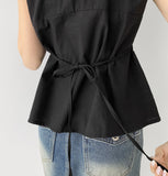 Balloon Soft Fit Ribbon Strap Short Sleeve Blouse