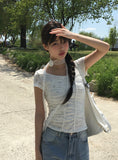 [Corsage scarf set] Vian Flower Shirring Short Sleeve T-shirt