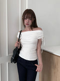Nob Shirring Off-shoulder Ribbon Short Sleeve T-shirt