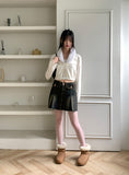 Kimme Collar Fur Ribbon String Long Sleeve Cardigan