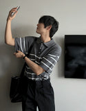 V-in stripe button collar short sleeve knit