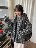 [unisex] Kiteri Fleece Check Hood Half Coat