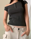 Az Pigment Washing Unbalanced One Off-Shoulder Button Short Sleeve T-shirt