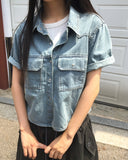Sino Pocket Snap Button Short Sleeve Denim Shirt