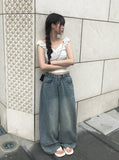 [A/M] Ruched Side Pintuck Washing Wide Denim Pants