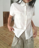 Terrine round collar lace puff short sleeve blouse
