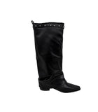 Stud Buckle Shirred Stiletto Long Boots