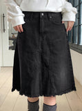 Barmmet Vintage Washing Slit Half-Length Midi Denim Skirt