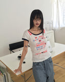 Fleet Off-Shoulder Lettering Print Ringer Color Matching Short Sleeve T-Shirt