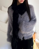 Heri Pine Leaf Balloon Angora V-Neck Loose Knit Fur Cardigan
