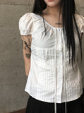 Sandy Summer Ribbon Strap Pintuck Puff Short Sleeve Blouse