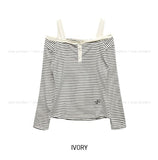Signal Button Stripe Off-Shoulder Long Sleeve