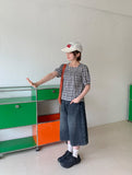 Igets Square Neck Check Short Sleeve Blouse