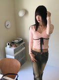 Luer Balletcore Ribbon Color Matching Heart Neck Long Sleeved T-Shirt