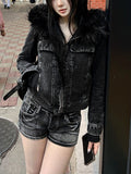 Black Fur Crop Denim Jacket
