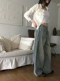 Kibe Side Pintuck Balloon Fit Vintage Washing Long Wide Denim Pants