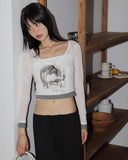 Aesthetics Printed Color Matching See-Through Long Sleeve T-Shirt