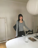 Shaltie Lace Square Neck Ribbed Knit Cardigan