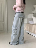 Washed Pocket Cargo Light Blue Long Wide Denim Pants
