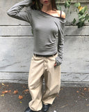 Two-fit Stripe Unbalanced Strap Long Sleeve T-Shirt