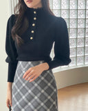 Levin Puff Pearl Button Frill Lace Turtleneck Knit