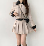 Tweed Two-Piece Crop Jacket Belt Mini Skirt Pants Set