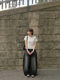 [unisex] Balon Lettering Washing Denim Black Blue Balloon Wide Pants