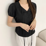 Summer Lace Pattern Puff Short Sleeve Ribbon Blouse