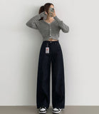 Winter Non-Fade Peach Fuzz Non-Span Long Wide Denim Pants