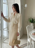 [Tie set] Repodi Satin Wrapped Shirred Blouse