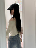 [Scarf set]  Kenin Shirring Pleated Off-Shoulder Crop Long Sleeve T-shirt