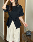 Duba Span Shirring Front Slit Short Sleeve T-shirt