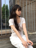 Shudi Stripe Lace Square Neck Short Sleeve T-Shirt