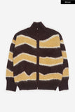 Wavy color block wool zip-up knit