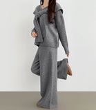 Shawl V-Neck Knit Long Wide Banding Pants Three Piece Wool Two Piece Set