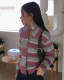 [Muffler Set] Jes Fur Stripe Color Matching Collar Knit Long Sleeve Cardigan