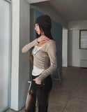 Ash Ribbed Deep Button Layered Long Sleeves