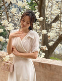 Vientiane Collar Wrap Puff Short Sleeve Flare One Piece