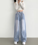 String Stopper Washing Long Wide Denim Pants