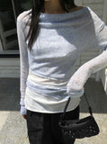 Dintz Color Matching See-Through Layered Ribbed Off Shoulder Long Sleeve Tee
