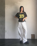 Ray Camo Number Print Off Shoulder Shirring Short Sleeve T-Shirt