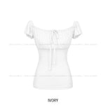 Noir Ribbon Shirred Cap Sleeve Short Sleeve