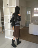 [Brushed Lining] Knockin Stripe One Shoulder Unbalanced Knit T-shirt