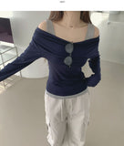 Drape Off-Shoulder Knit Layered Fake Layered T-shirt