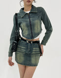 Beto Washing Cut Denim Set Skirt