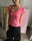 Code Beads Ribbon Shirring Puff Short Sleeve T-Shirt